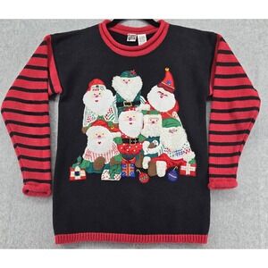 Vtg Santa Club Christmas Sweater Womens M Santas Embroidery Applique Ugly Stripe